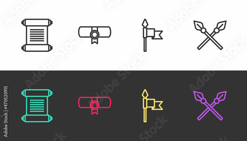 Set line Decree, parchment, scroll, , Medieval spear and Crossed medieval spears on black and white. Vector