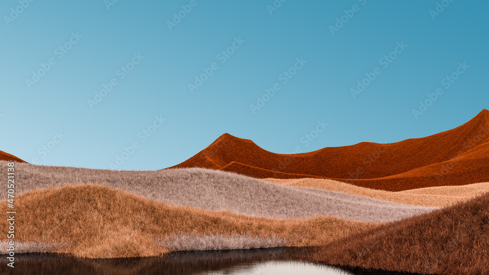 Surreal mountains landscape with orange, beige peaks and blue sky. Minimal modern abstract background. Shaggy surface with a slight noise. 3d rendering