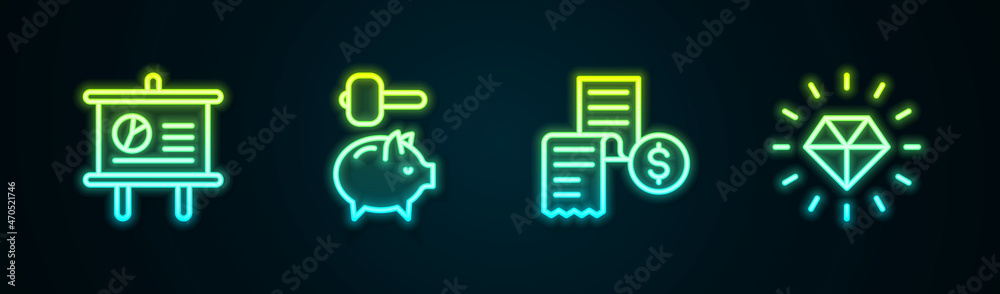 Set line Chalkboard with diagram, Piggy bank and hammer, Paper or financial check and Diamond. Glowing neon icon. Vector Set line Chalkboard with diagram, Piggy bank and hammer, Paper or financial check and Diamond. Glowing neon icon. Vector