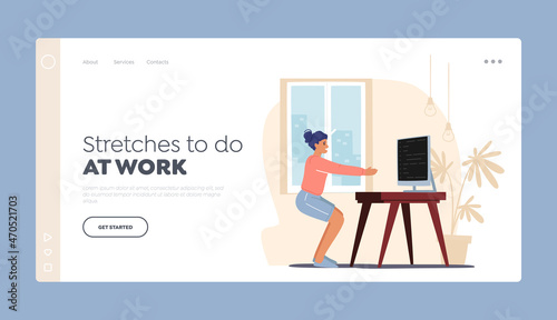 Female Worker Exercising at Workplace Landing Page Template. Freelancer Character Doing Workout Stretches at Home