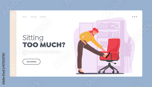 Manager Health Care and Sport Landing Page Template. Female Character Doing Workout at Work Place Stretching Body