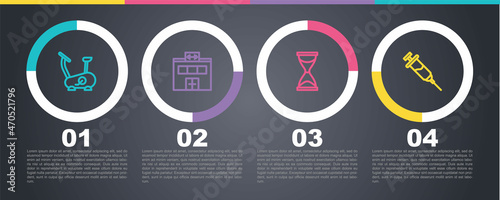 Set line Stationary bicycle, Gym building, Old hourglass and Doping syringe. Business infographic template. Vector
