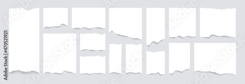 White torn paper sheets set. Realistick pieces of ripped white pages. Collection of torn notes. Realistic paper scraps. Vector illustration.