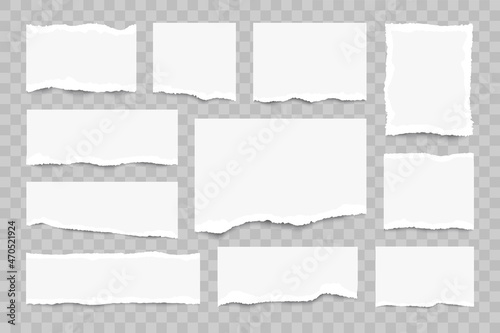 White torn paper sheets set. Realistick pieces of ripped white pages. Collection of torn notes. Realistic paper scraps. Vector illustration.