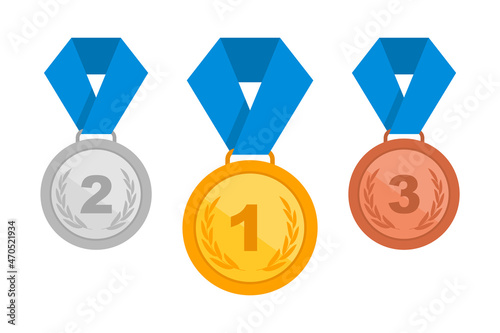 Gold, silver and bronze medals. Medals with blue ribbon set. First, second and third place award medals. Medal with laurel wreath. Champion award, winner reward, achievement and trophy.