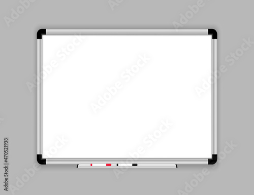 Realistic whiteboard. Empty office whiteboard with marker pens. Mock up white magnetic board. School blackboard and chalkboard. Space for your text and design. Vector illustration.