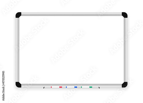 Realistic whiteboard. Empty office whiteboard with marker pens. Mock up white magnetic board. School blackboard and chalkboard. Space for your text and design. Vector illustration.