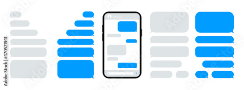 Smart Phone with chatting. Smartphone with blue message bubbles. Speech bubbles for chat. Text sms template bubbles. Messenger conversation mockup. Messenger interface. photo