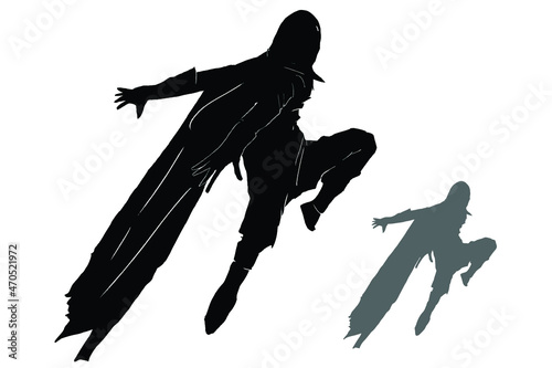 a black silhouette of a character on a white background. Japanese ninja in a hood and a long raincoat in a dynamic pose. he is wearing black casual clothes and boots with gloves on his hands. 2d art