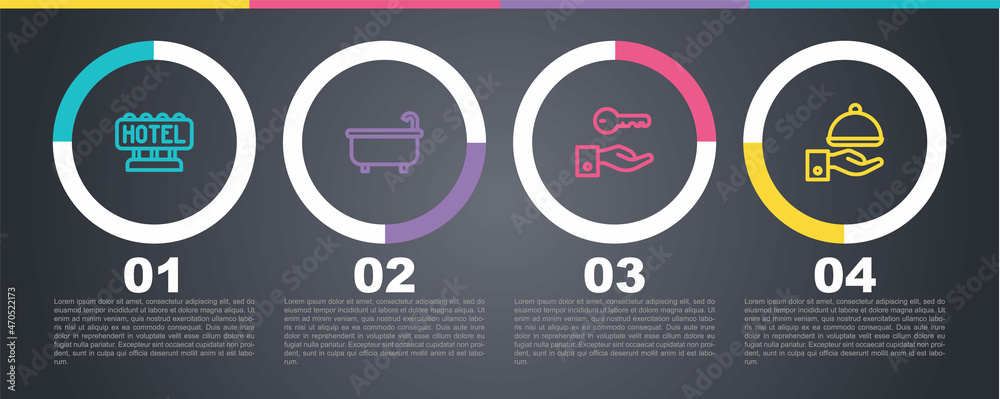 Set line Signboard with text Hotel, Bathtub, door lock key and Covered tray. Business infographic template. Vector Set line Signboard with text Hotel, Bathtub, door lock key and Covered tray. Business infographic template. Vector