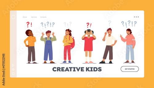 Creative Kids Landing Page Template. Children Asking Questions, Searching Information, Schoolkids Searching Solution