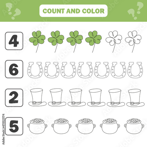 Count and color game for preschool children - Saint Patrick Day. Worksheet for the development of mathematical abilities. Coloring book for kids