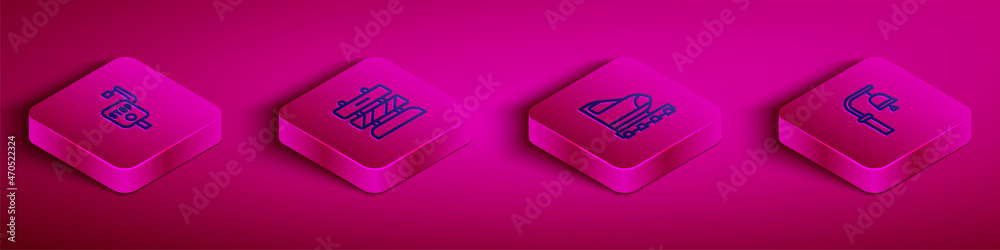 Set Isometric line Emergency brake, End of railway tracks, High-speed train and Train station bell icon. Vector Set Isometric line Emergency brake, End of railway tracks, High-speed train and Train station bell icon. Vector