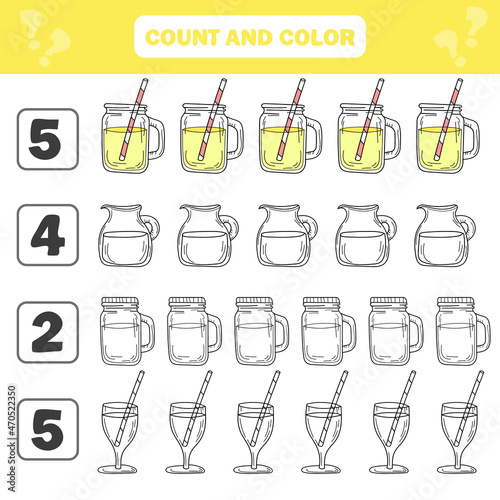 Count and color game for preschool children - lemonade jar. Worksheet for the development of mathematical abilities. Coloring book for kids