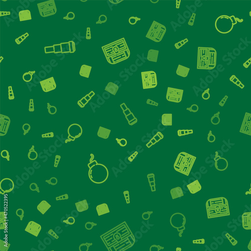 Set line Spyglass telescope lens, Bomb ready to explode and Antique treasure chest on seamless pattern. Vector