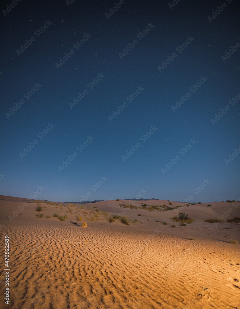 Amazing night landscape, with dunes in the middle of the desert with shades in the sand and green of the little vegetation, mountains, and the wide desert are distinguished.