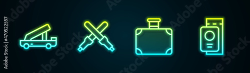 Set line Passenger ladder, Marshalling wands, Suitcase and Passport with ticket. Glowing neon icon. Vector
