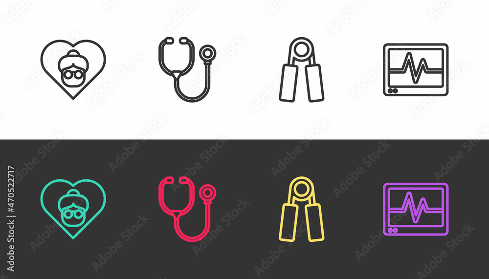 Set line Grandmother, Stethoscope, Sport expander and Monitor with cardiogram on black and white. Vector Set line Grandmother, Stethoscope, Sport expander and Monitor with cardiogram on black and white. Vector