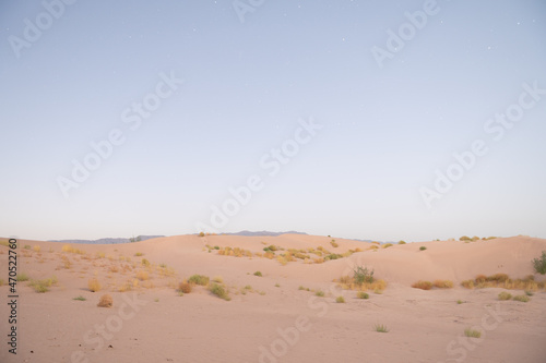 Amazing landscape at sunset, with dunes in the middle of the desert with shades in the sand and green of the little vegetation, mountains, and the wide desert are distinguished.