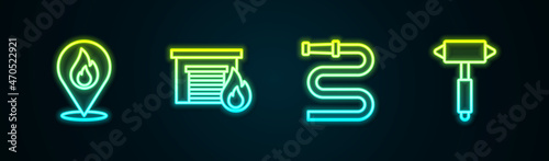 Set line Location with fire flame, Fire in burning garage, hose reel and Firefighter axe. Glowing neon icon. Vector
