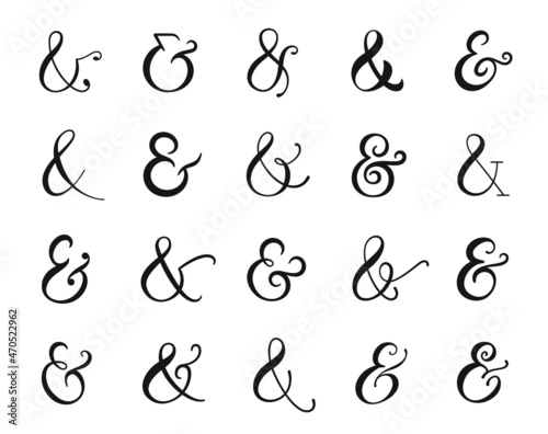 Set of elegant ampersand symbols. And sign collection. Custom hand drawn ampersand icon for invitations and letters. 