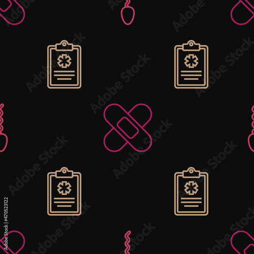 Set line Sperm, Clinical record and Crossed bandage plaster on seamless pattern. Vector