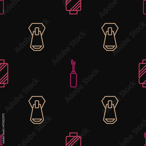 Set line Sewing thread on spool, Zipper and Awl tool on seamless pattern. Vector