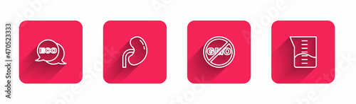 Set line Label for eco healthy food, Human kidney, No GMO and Laboratory glassware beaker with long shadow. Red square button. Vector