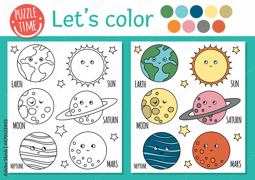 Space coloring page for children. Cute funny kawaii planets Earth, moon,  Sun. Vector Astronomy outline illustration with solar system. Cosmos color  book for kids with colored example. Stock Vector | Adobe Stock