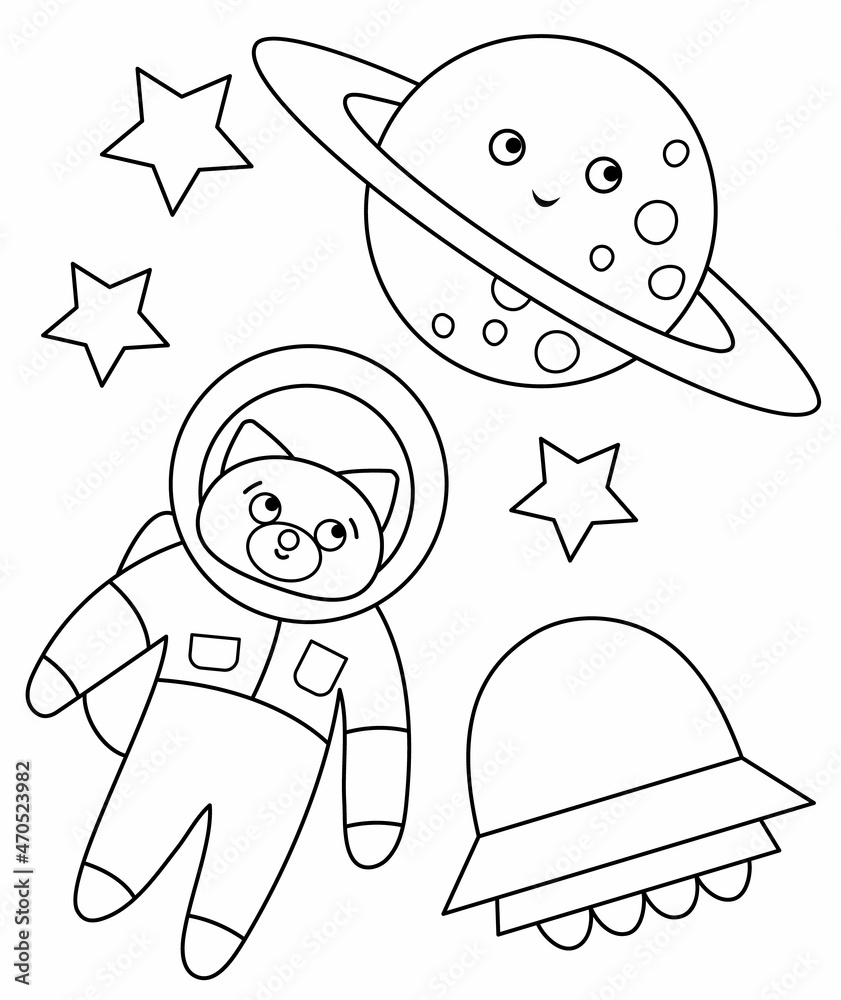Vector black and white funny astronaut fox in space with planet, stars