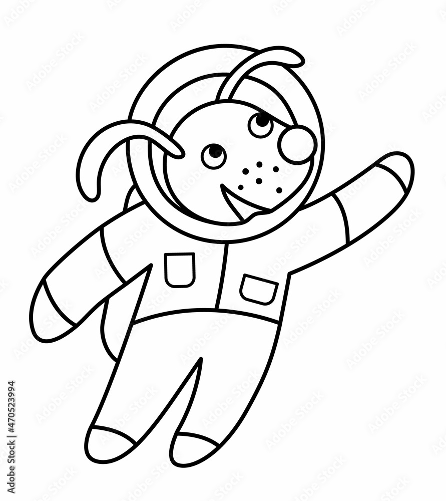 Obraz premium Vector black and white astronaut dog illustration for children. Outline smiling animal cosmonaut icon isolated on white background. Space exploration coloring page for kids .