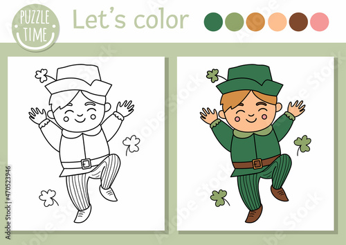 Saint Patrick coloring page for children. Cute funny boy with shamrock. Vector outline leprechaun illustration. Celtic spring holiday color book for kids with colored example.