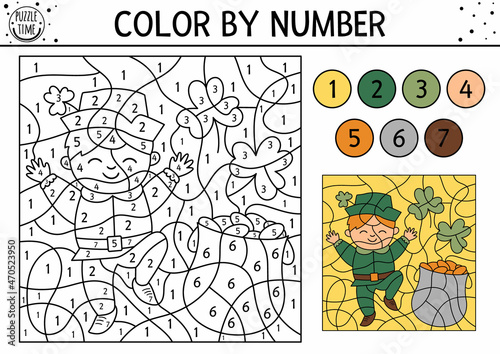 Vector Saint Patrick color by number activity with boy, shamrock leaves, pot with gold. Spring holiday coloring and counting game with cute kid. Funny Irish holiday coloration page for kids. .