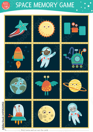 Space memory game cards with planets, alien, rocket. Matching astronomy activity with astronaut, star, earth. Remember and find correct card. Simple printable worksheet for kids. .