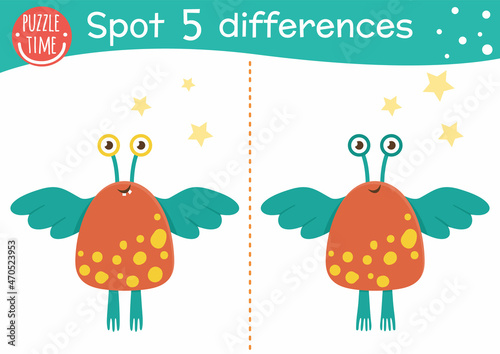 Space find differences game for children. Astronomy educational activity with funny alien with wings. Printable worksheet with extraterrestrial and stars. Cute UFO puzzle for kids.