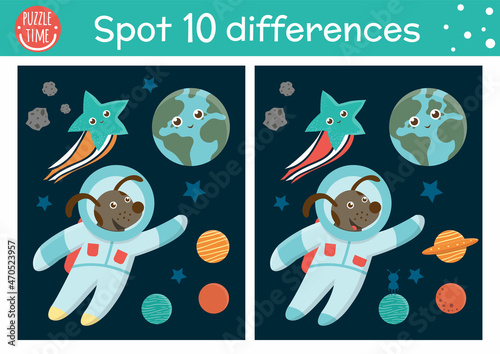Space find differences game for children. Astronomy educational activity with funny astronaut dog, earth, stars, planets. Printable worksheet with planets and stars. Cute UFO puzzle for kids.