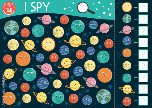 Space I spy game for kids. Searching and counting Astronomy activity for preschool children with planets, stars. Funny printable worksheet with Solar system. Simple seek and find puzzle.