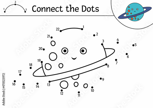 Vector space dot-to-dot and color activity with cute planet. Astronomy connect the dots game for children. Funny math coloring page for kids with kawaii star.
