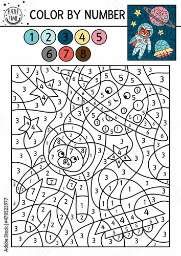 Vector space color by number activity with astronaut, planet, UFO. Astronomy coloring and counting game with cute cosmonaut, stars. Funny cosmos coloration page for kids. .