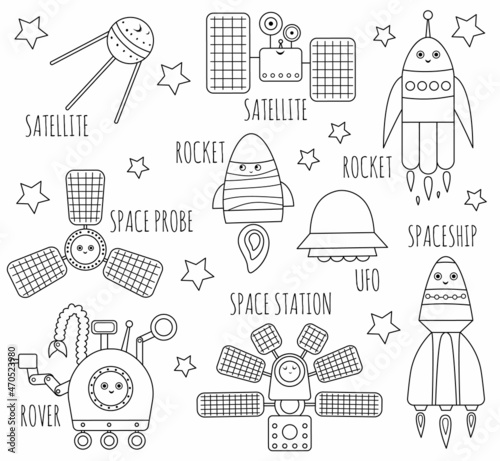 Vector black and white space technics set for children. Outline illustration of spaceship, rocket, satellite, space station, rover. Astronomy kawaii coloring page for kids.