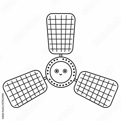 Vector black and white satellite illustration for children. Outline smiling technics icon isolated on white background. Space exploration coloring page for kids.  .