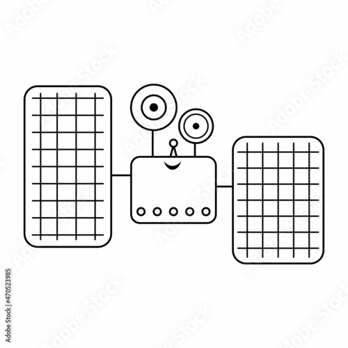 Vector black and white satellite illustration for children. Outline smiling technics icon isolated on white background. Space exploration coloring page for kids.  .