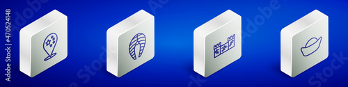 Set Isometric line China flag, Fish steak, Great wall of and Sushi icon. Vector