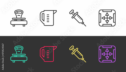 Set line Scales, Measuring cup, Syringe and Area measurement on black and white. Vector