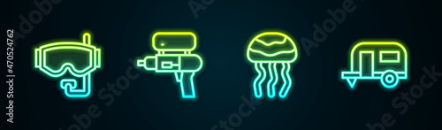 Set line Diving mask, Water gun, Jellyfish and Rv Camping trailer. Glowing neon icon. Vector