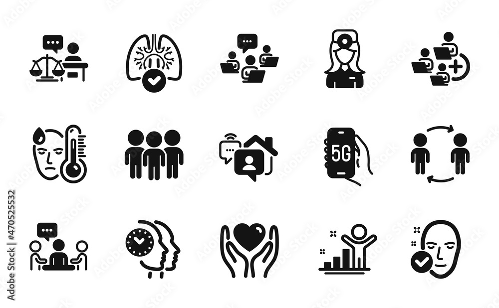 Vector set of Workflow, Winner and Time management icons simple set. 5g internet, Group and People chatting icons. Fever, Teamwork and Lungs signs. Workflow simple web symbol. Vector