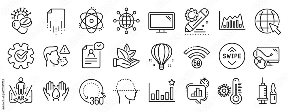 Set of Science icons, such as Atom, Internet, Augmented reality icons. 5g wifi, Safe water, Recovery file signs. Project edit, Organic product, Monitor. Statistics timer, Resume document. Vector