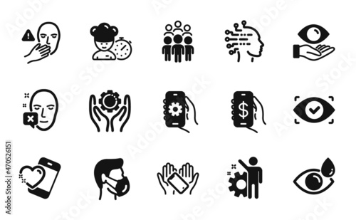 Vector set of Health eye, Smartphone holding and Money app icons simple set. Face declined, Eye drops and Dont touch icons. Chef, Heart and Group people signs. Health eye simple web symbol. Vector