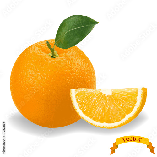 Realistic orange with leaf and slice.