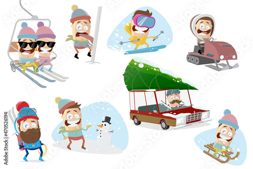 funny cartoon collection of a man in winter related scenes